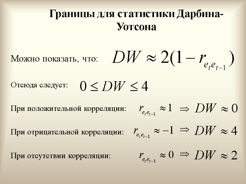 Границы для статистики Дарбина-Уотсона Можно показать, что: Отсюда следует: При положительной корреляции: При отрицательной